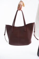 Grain Pu Leather Large Tote Bag with Matching Zipper Pouch  2PCS Set - Burgundy
