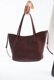 Grain Pu Leather Large Tote Bag with Matching Zipper Pouch  2PCS Set - Burgundy