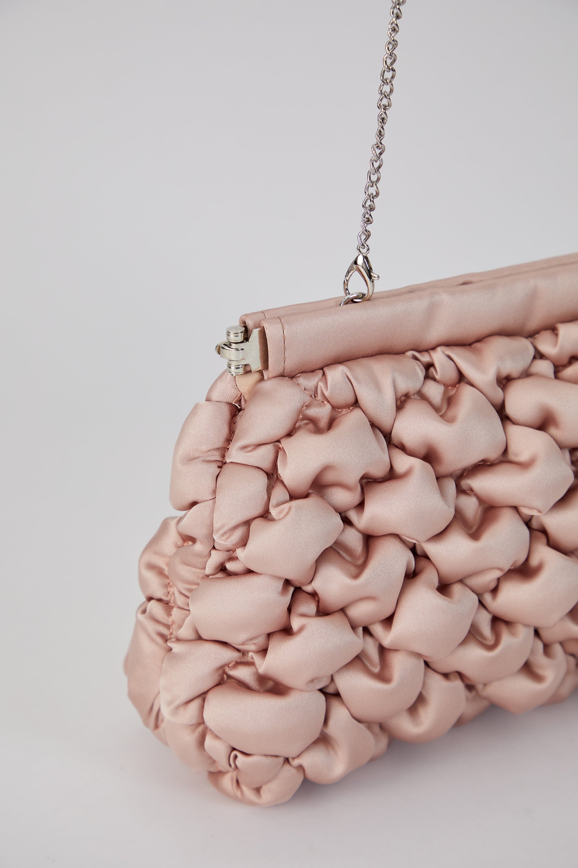 Puffy Quilted Satin Clucth Bag with Detachable Crossbody Strap - Beige