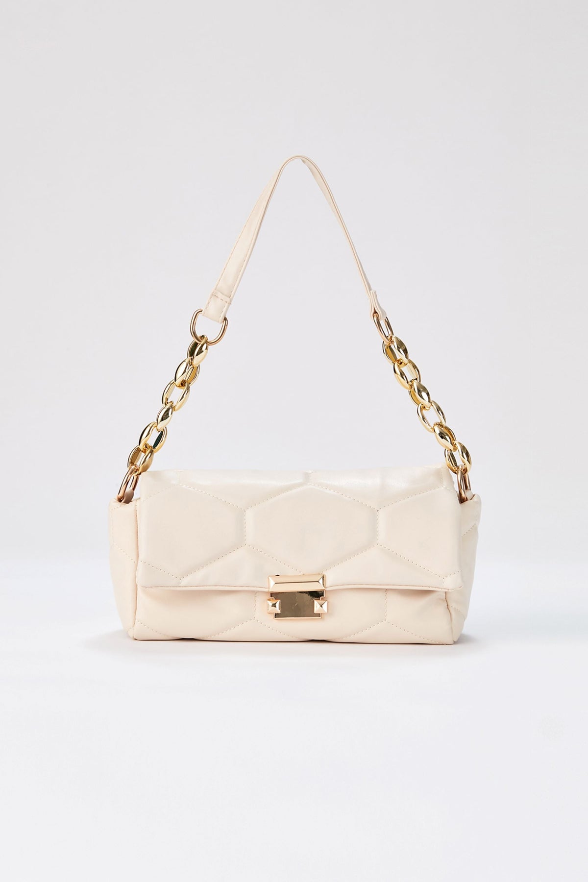 Quilted Pu Leather Shoulder Bag - Beige