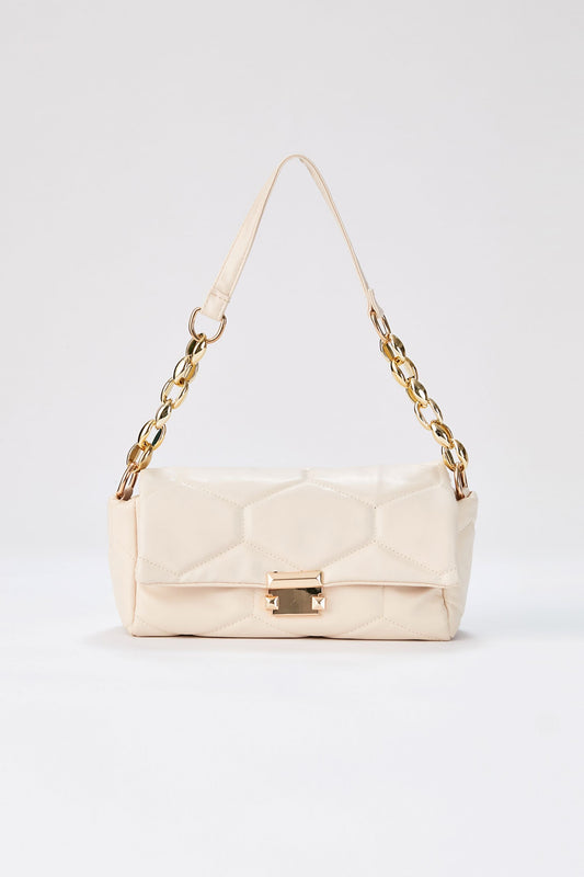 Quilted Pu Leather Shoulder Bag - Beige