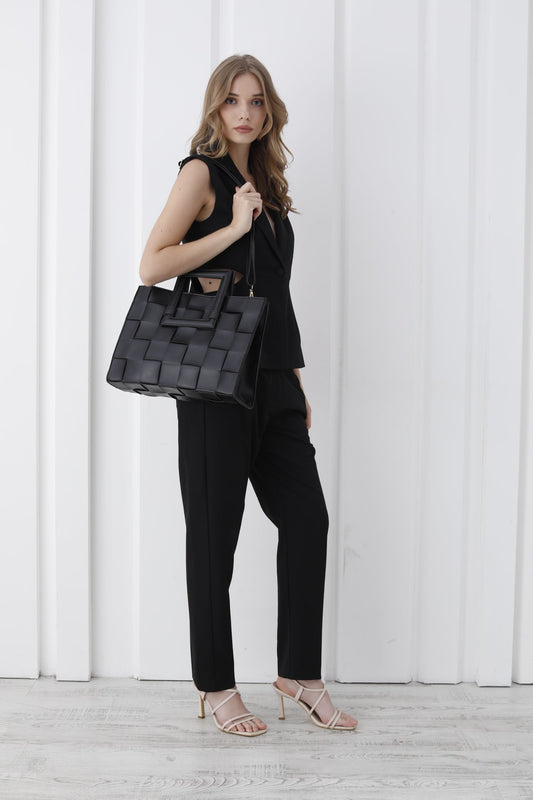 Braided Convertible Tote Bag with Detachable Crossbody Strap - Black