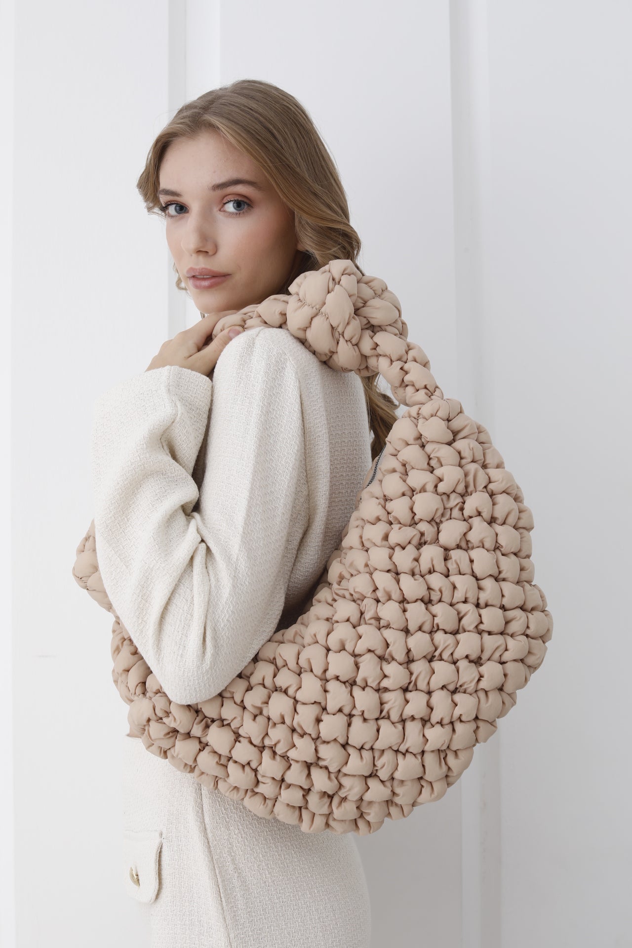 Puffy Quilted Lightweight Large Shoulder Bag - Beige