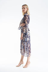 Womens Abstract Print Chiffon Midi Shirt Dress