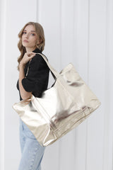 Metallic Finish Pu Leather Weekend Bag - Gold