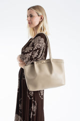 Large PU Leather Shopper Tote Bag with Matching Pouch - Beige