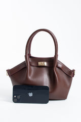 Pu Leather Top Handle Crossbody Bag with Twist Lock Detail - Burgundy