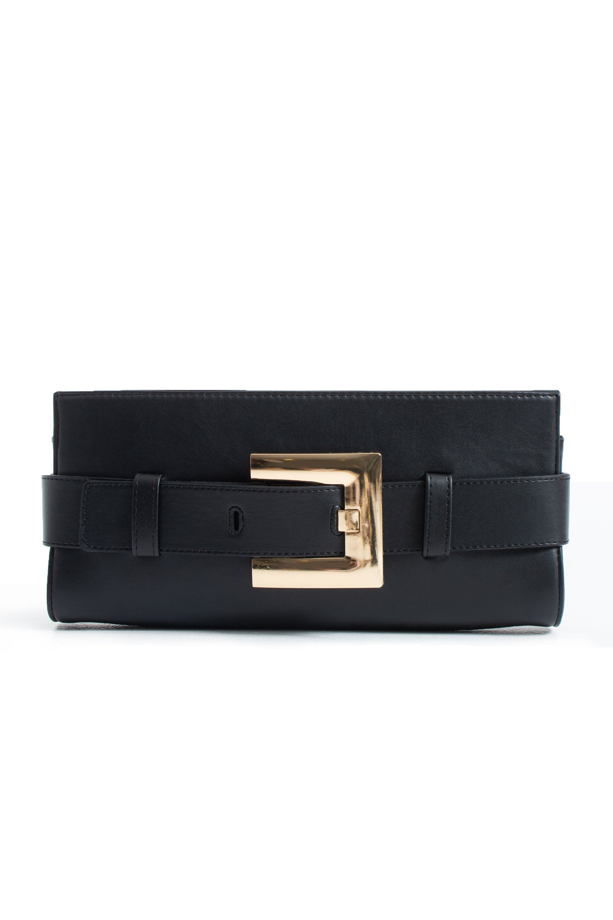 PU Leather Shoulder & Clutch Bag with Large Gold Buckle - Black