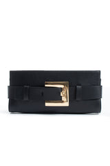 PU Leather Shoulder & Clutch Bag with Large Gold Buckle - Black