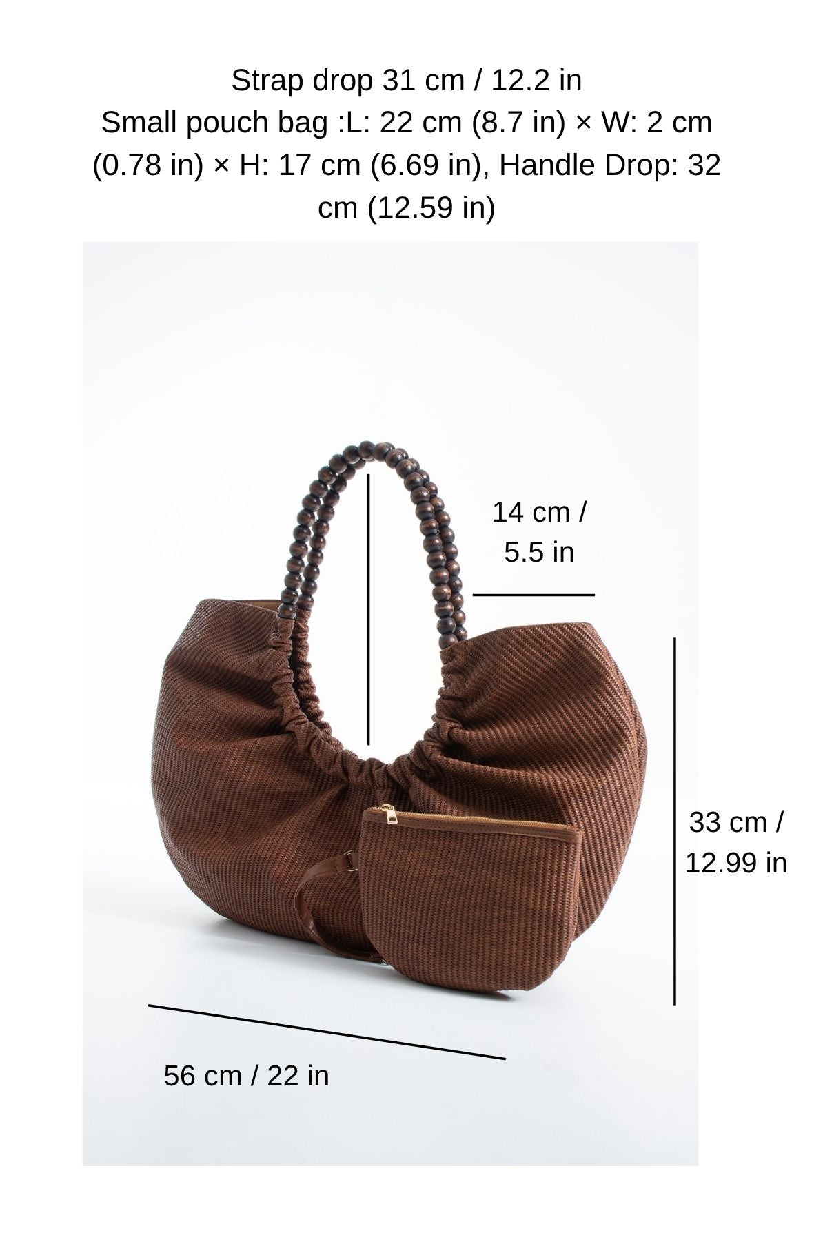 Woven PU Leather Slouchy Tote with Beaded Strap 2PCS Set - Brown