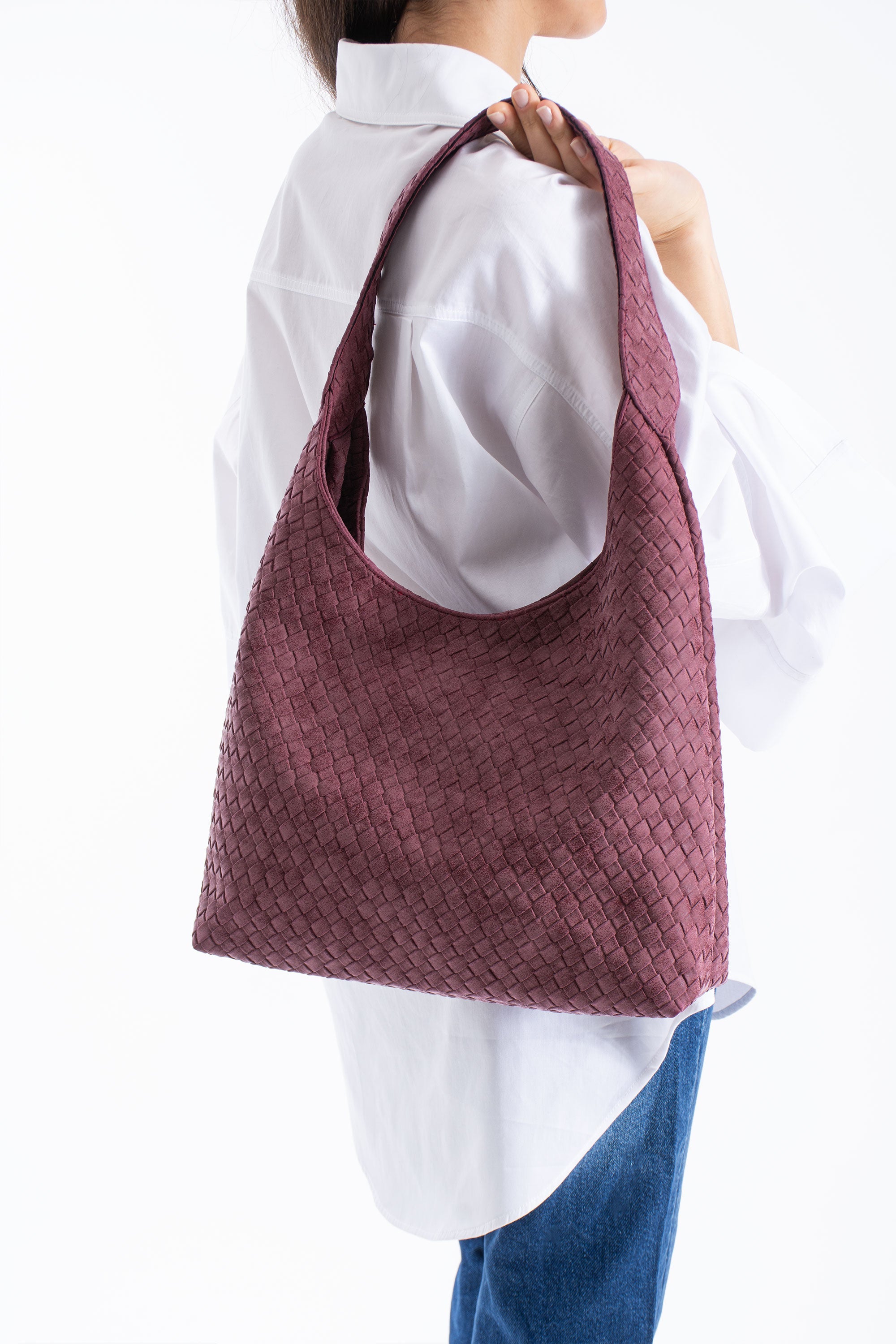 Woven Suede Slouchy Tote Bag with Matching Zipper Pouch 2PCS Set - Burgundy