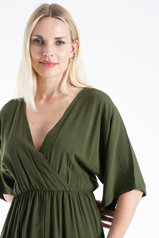 Womens Viscose V Neck Short Sleeve Midi Dress - Khaki