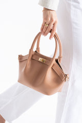 Pu Leather Top Handle Crossbody Bag with Twist Lock Detail - Nude