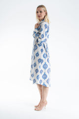 Women’s Linen Blend Ornamental Print Midi Shirt Dress