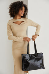 Crinkle Patent Tote Shoulder Bag - Black