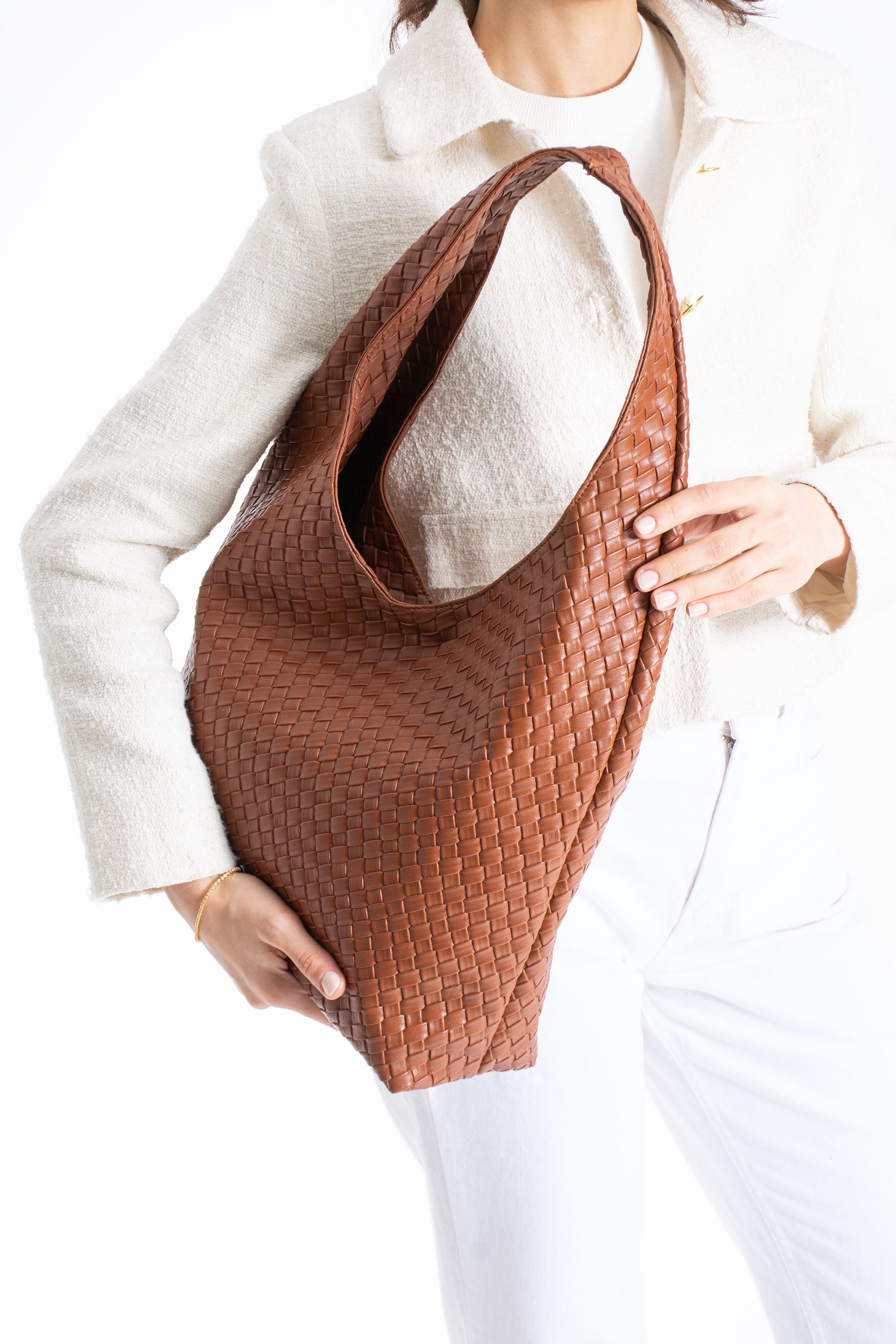 Woven Leather Slouchy Tote Bag with Matching Zipper Pouch 2PCS Set - Tan