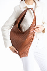 Woven Leather Slouchy Tote Bag with Matching Zipper Pouch 2PCS Set - Tan