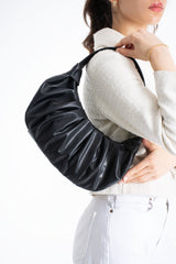 Pleated Pu Leather Shoulder Bag - Black