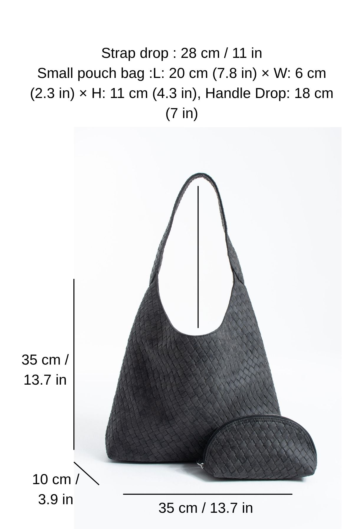 Woven Suede Slouchy Tote Bag with Matching Zipper Pouch 2PCS Set - Black