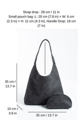 Woven Suede Slouchy Tote Bag with Matching Zipper Pouch 2PCS Set - Black