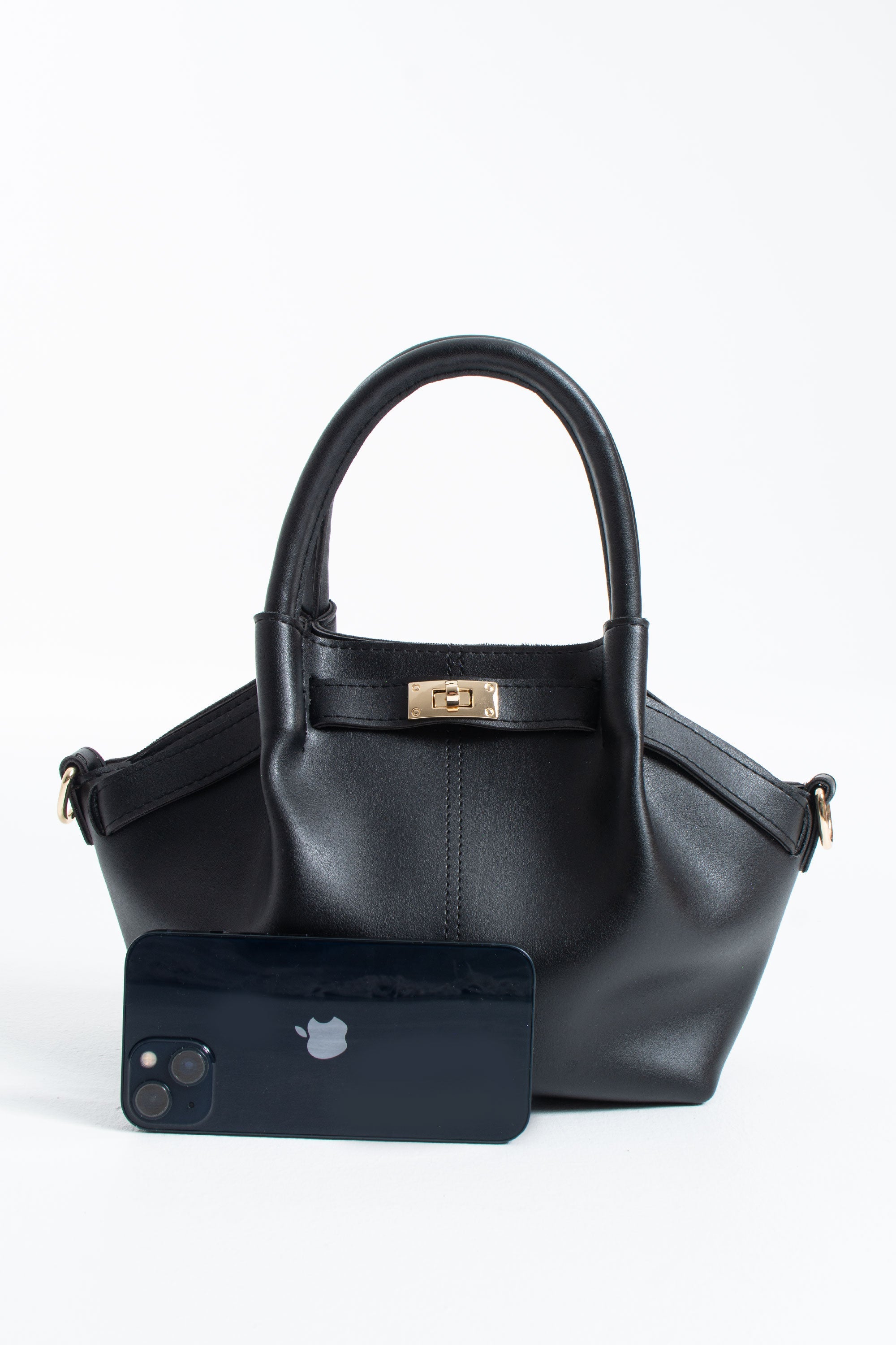 Pu Leather Top Handle Crossbody Bag with Twist Lock Detail - Black