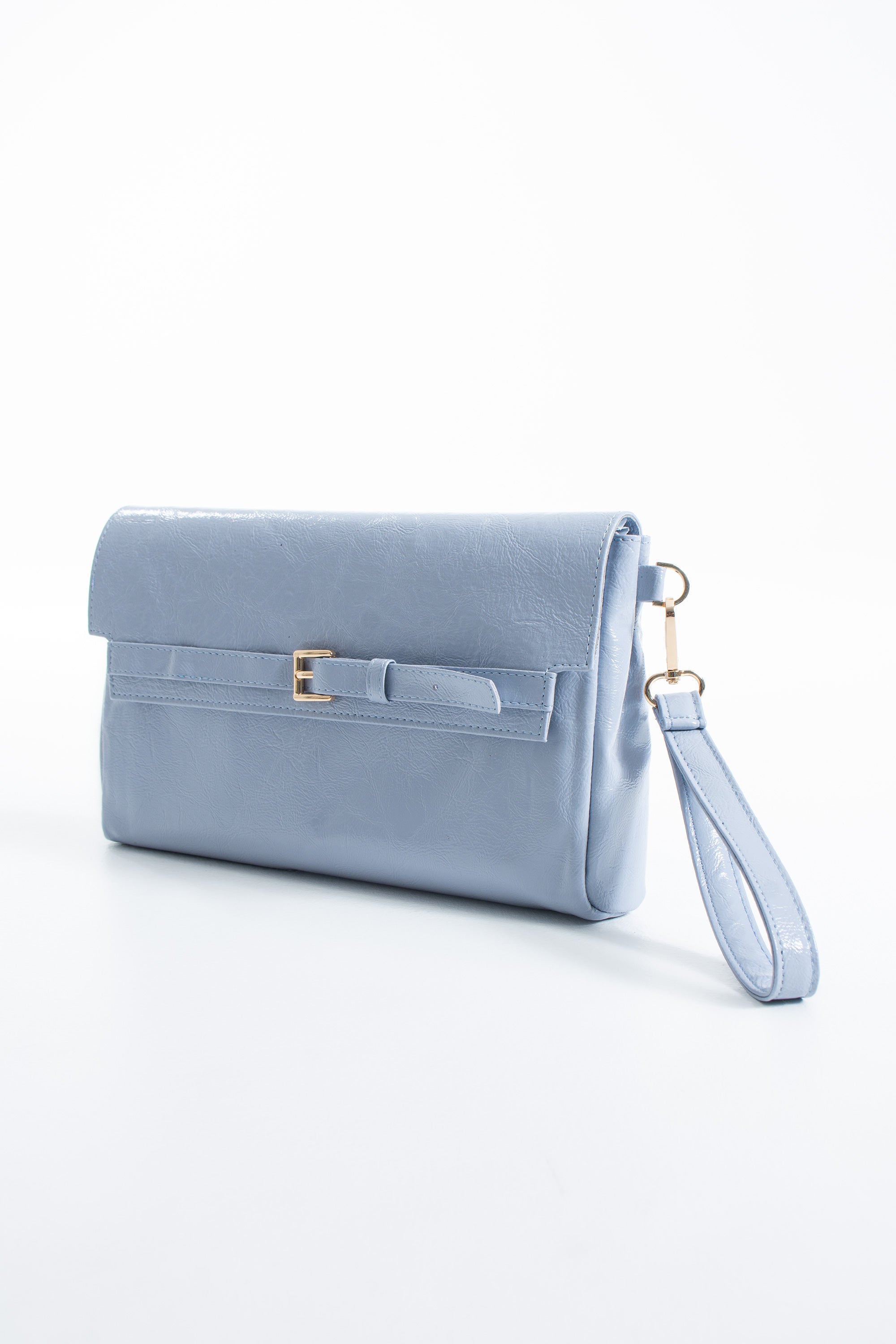 Crinkle Patent Flap Closure Wristlet & Clutc&Crossbody  3-in-1 Handbag - Blue