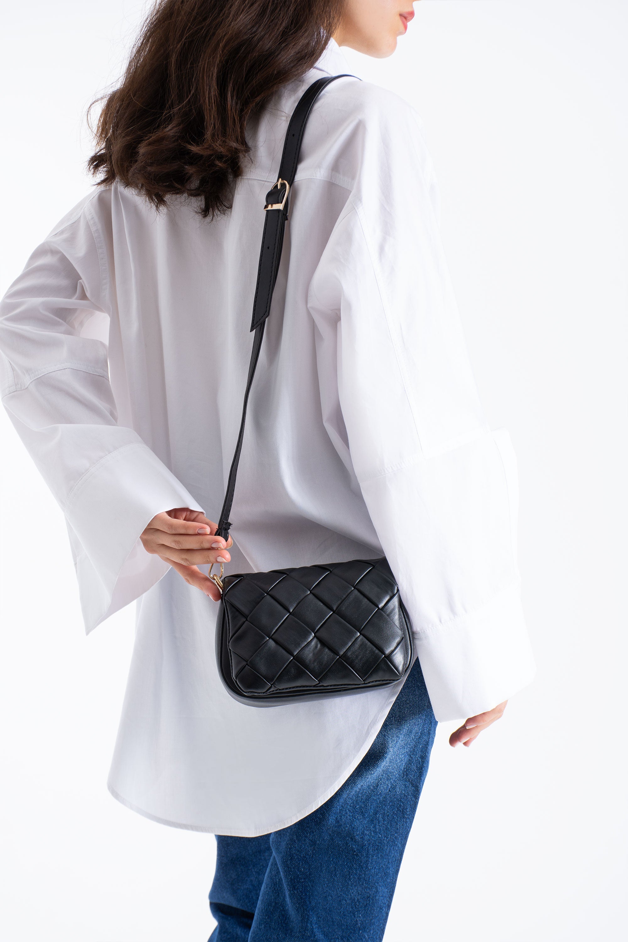 Braided Pu Leather Crossbody Bag - Black