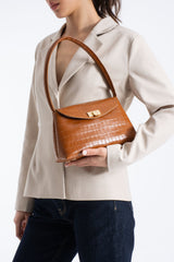 Croc Pu Flap Shoulder Bag - Tan