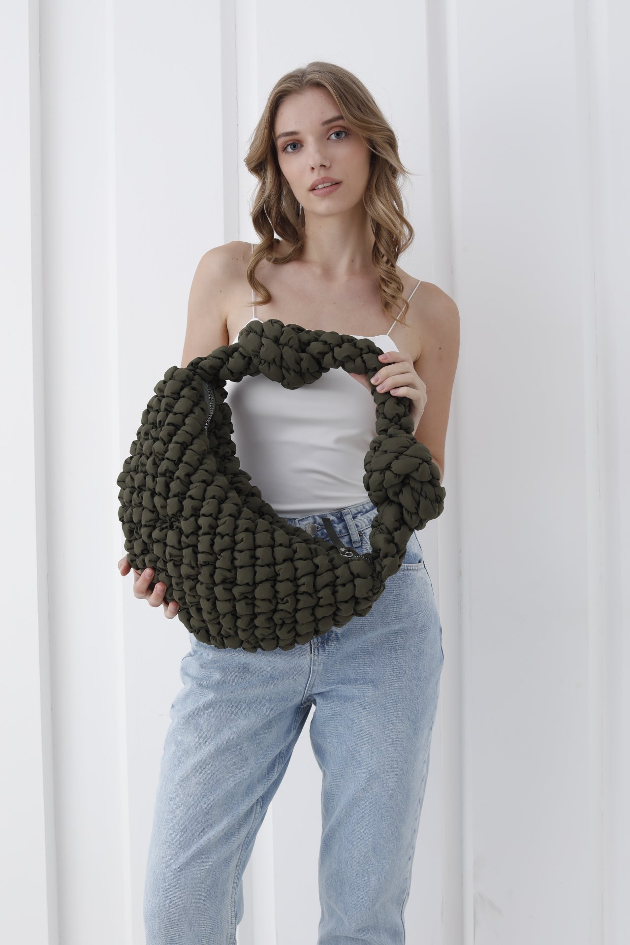 Puffy Quilted Lightweight Large Shoulder Bag - Green