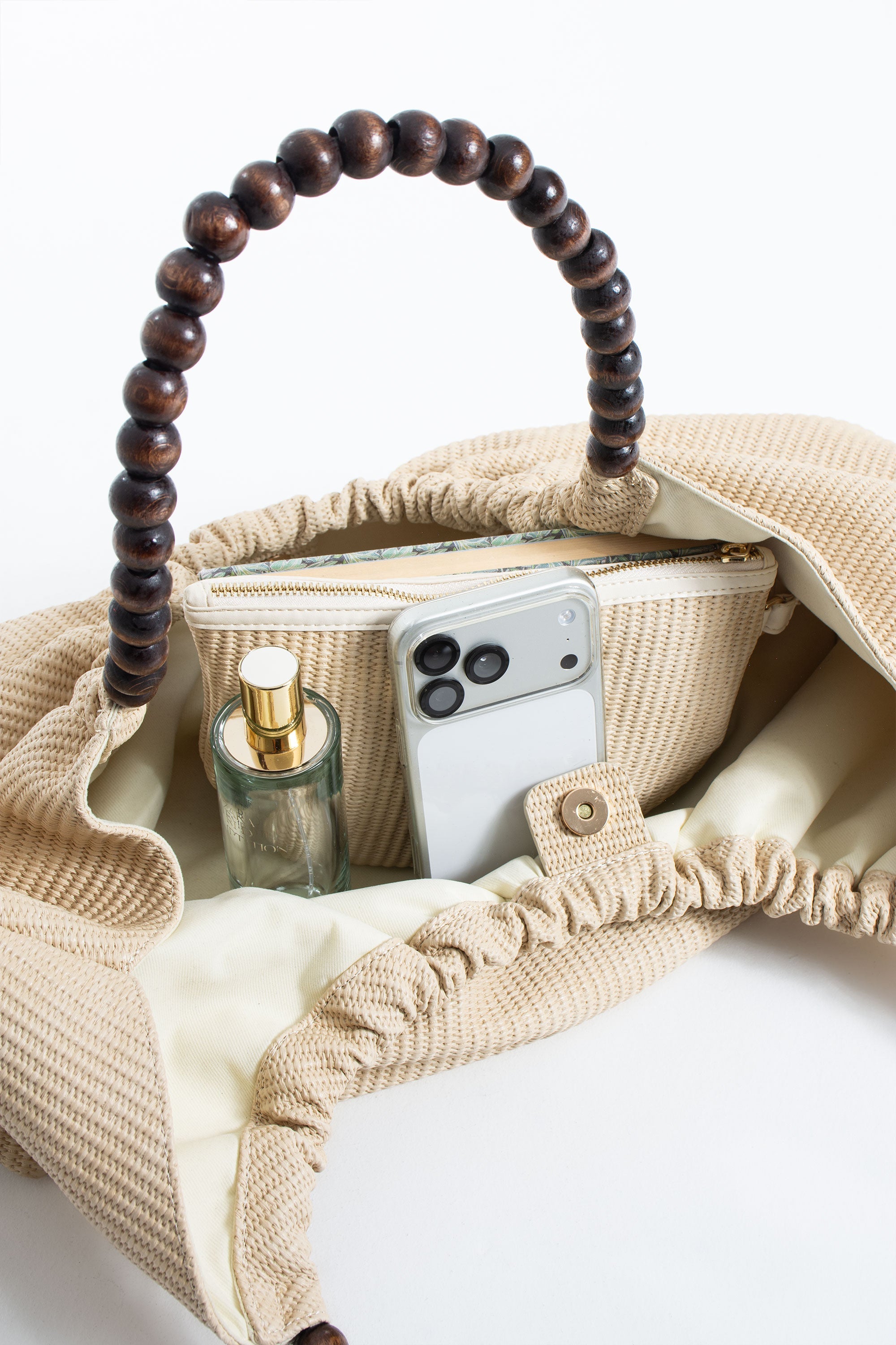 Woven PU Leather Slouchy Tote with Beaded Strap 2PCS Set - Cream