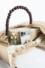 Woven PU Leather Slouchy Tote with Beaded Strap 2PCS Set - Cream