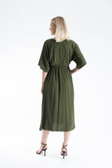 Womens Viscose V Neck Short Sleeve Midi Dress - Khaki