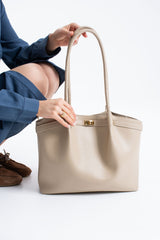 Large PU Leather Shopper Tote Bag with Matching Pouch - Beige
