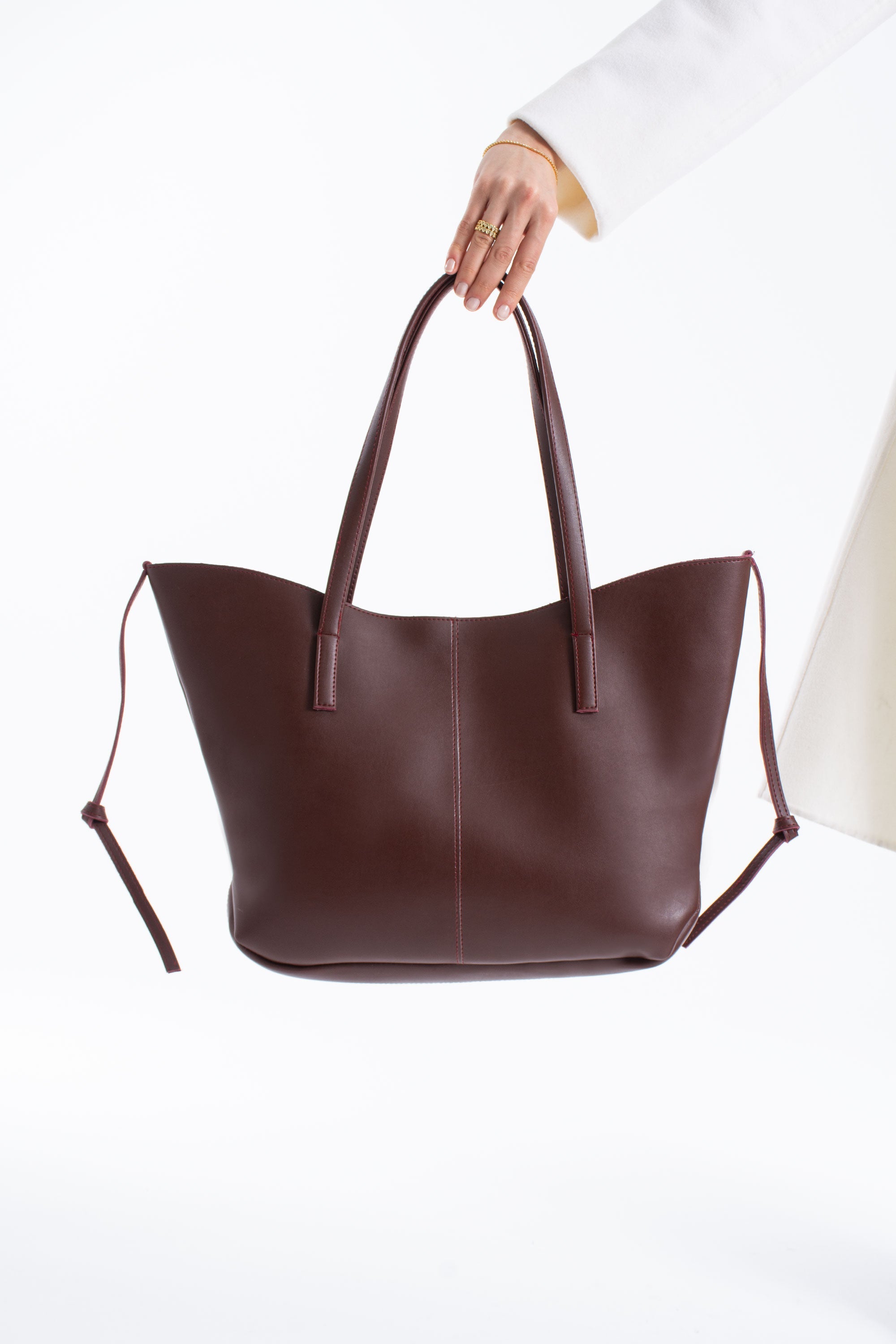 Pu Leather Large Tote Bag with Matching Zipper Pouch  2PCS Set - Burgundy