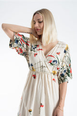 Womens Viscose Floral Print V Neck Short Sleeve Midi Dress