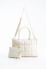 Quilted Pu Leather Tote Bag with Detachable Strap - Cream