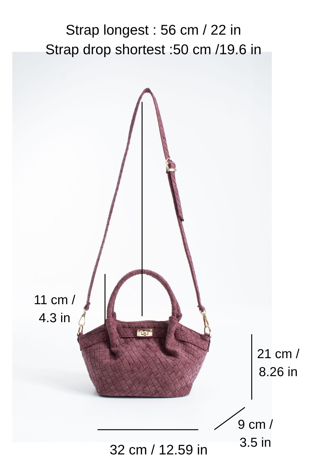 Woven Suede Top Handle Crossbody Bag with Twist Lock Detail - Burgundy