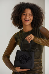 Floral Satin Handbag with Detachable Crossbody Strap - Black