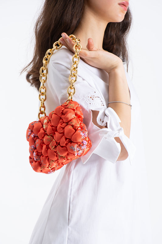 Floral Quilted Shoulder Grab  Bag with Gold Chain Strap - Multi