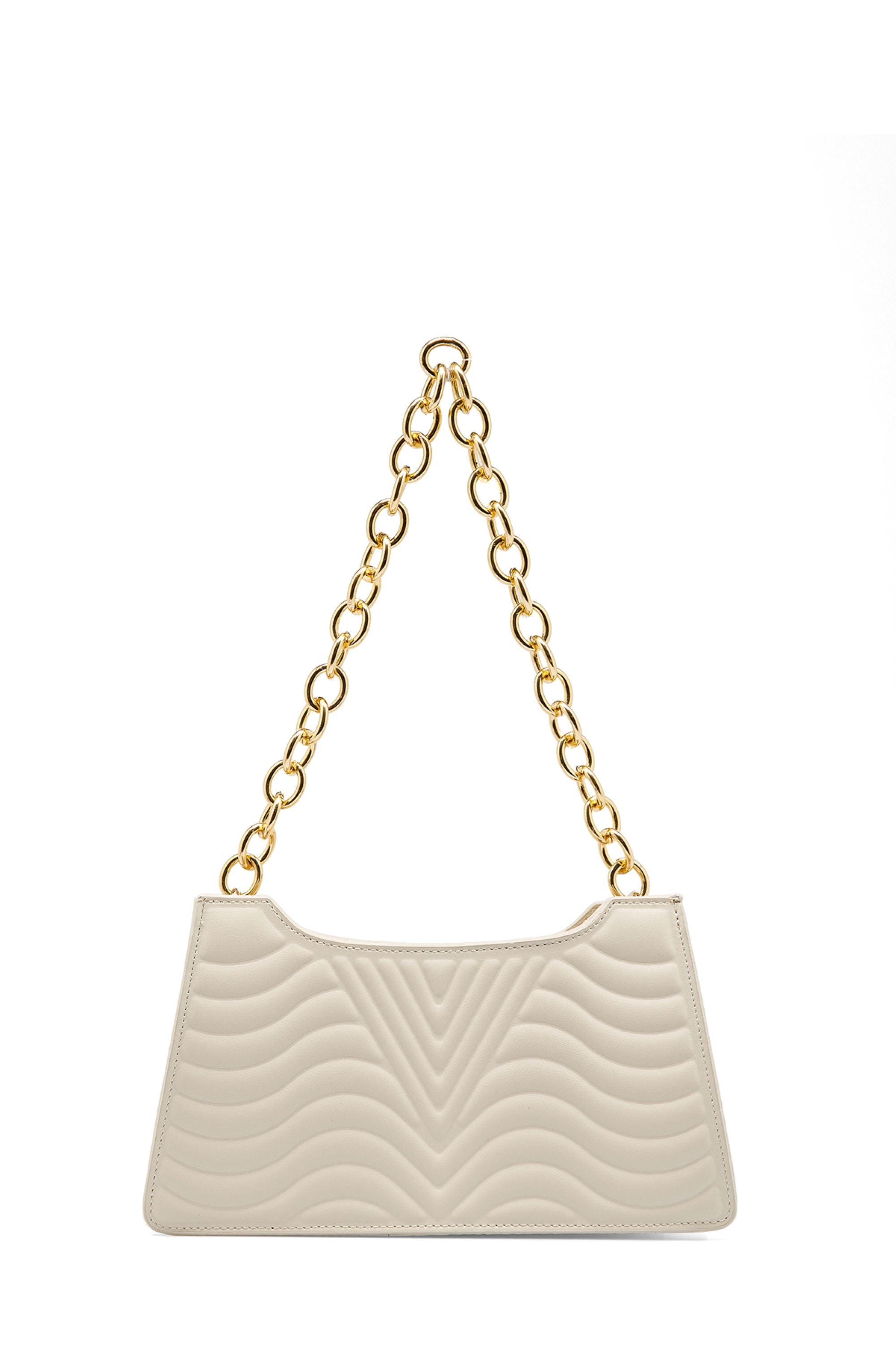 Embossed Pu Leather Chunky Chain Shoulder Bag - Cream