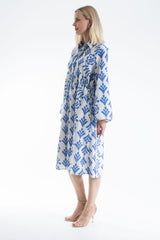 Women’s Linen Blend Leaf Print Midi Shirt Dress - Blue