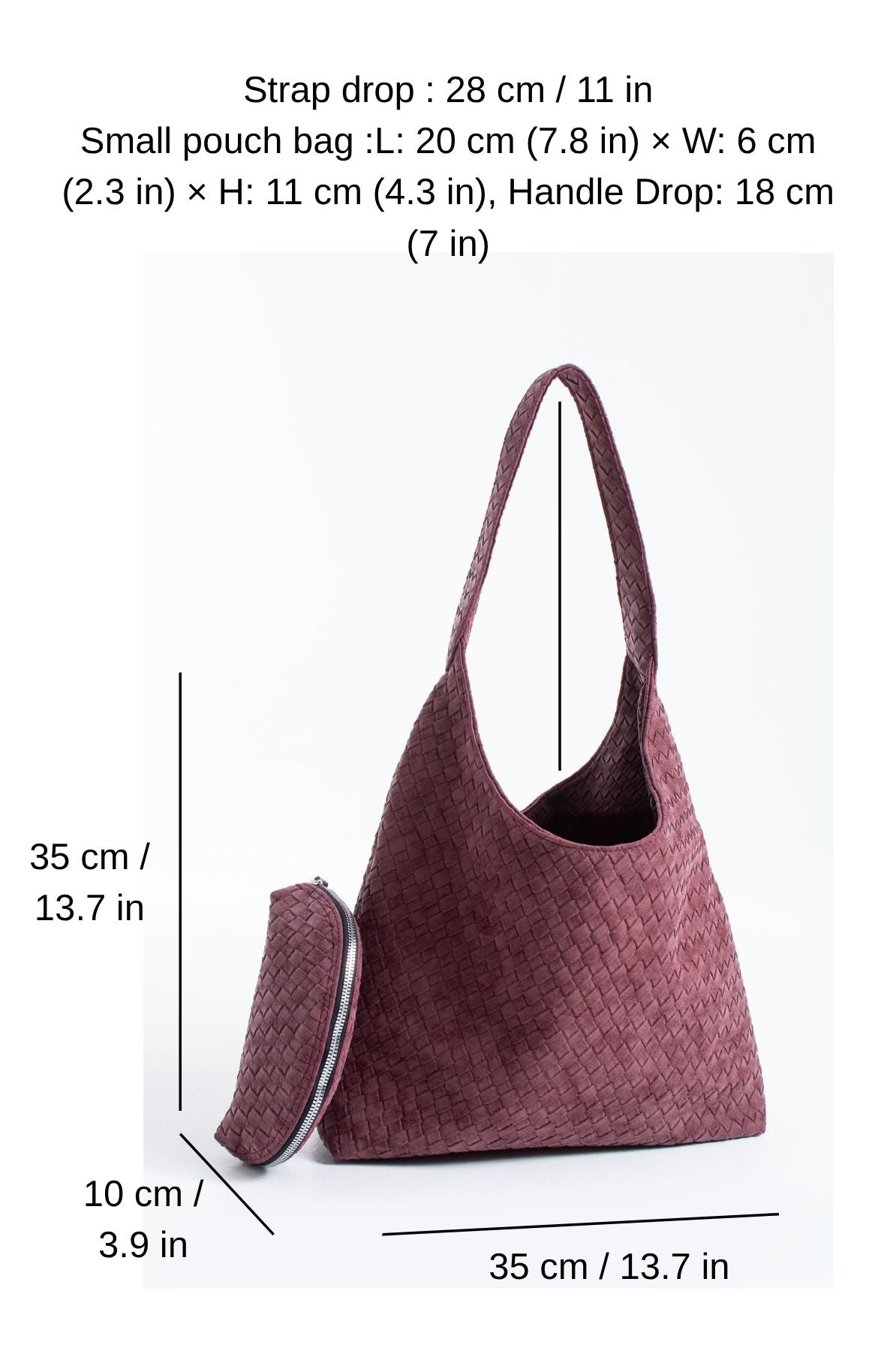 Woven Suede Slouchy Tote Bag with Matching Zipper Pouch 2PCS Set - Burgundy