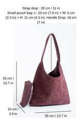 Woven Suede Slouchy Tote Bag with Matching Zipper Pouch 2PCS Set - Burgundy