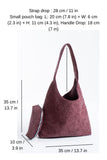 Woven Suede Slouchy Tote Bag with Matching Zipper Pouch 2PCS Set - Burgundy