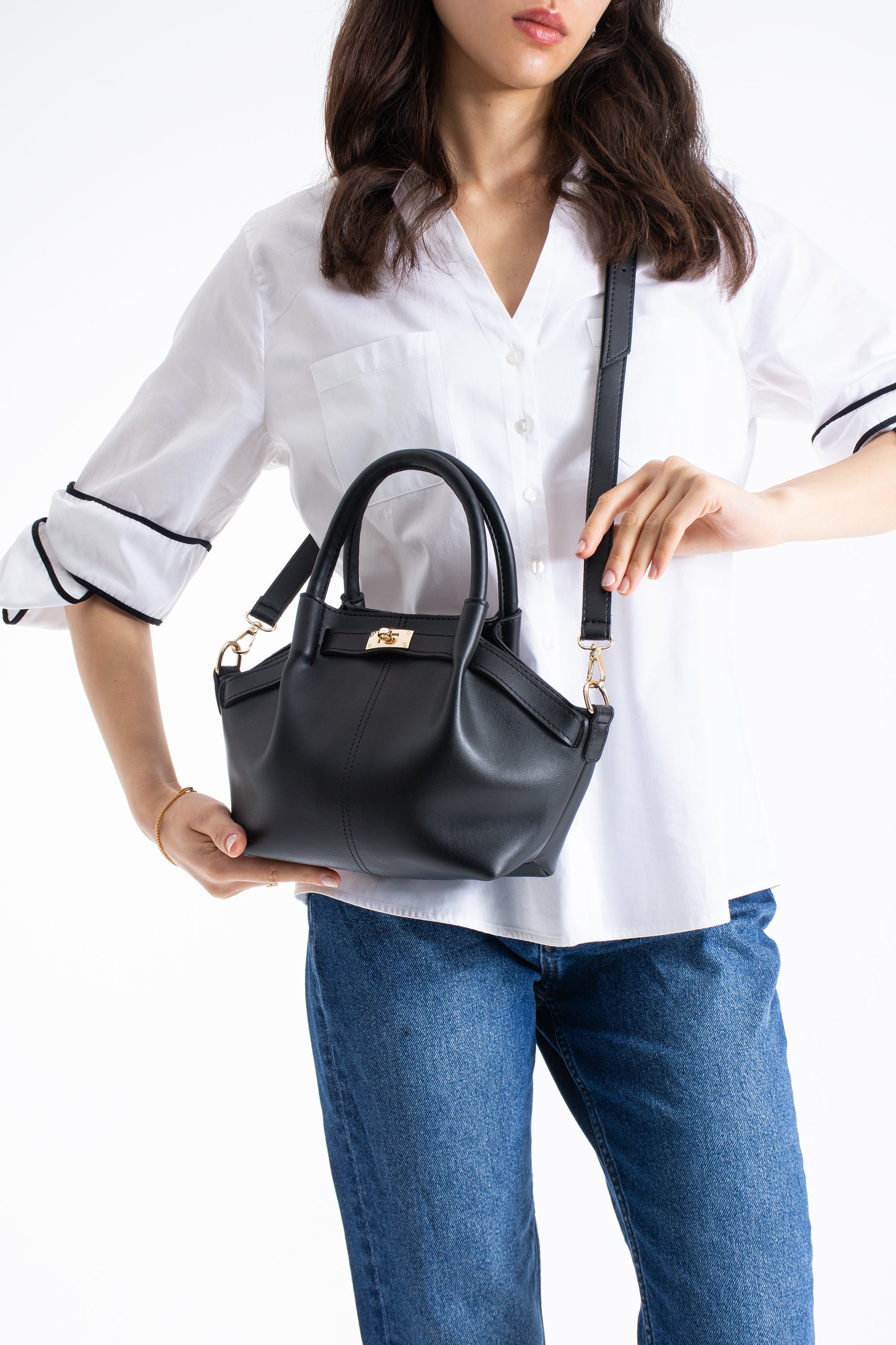 Pu Leather Top Handle Crossbody Bag with Twist Lock Detail - Black