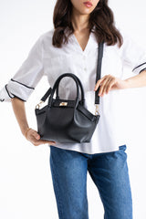 Pu Leather Top Handle Crossbody Bag with Twist Lock Detail - Black