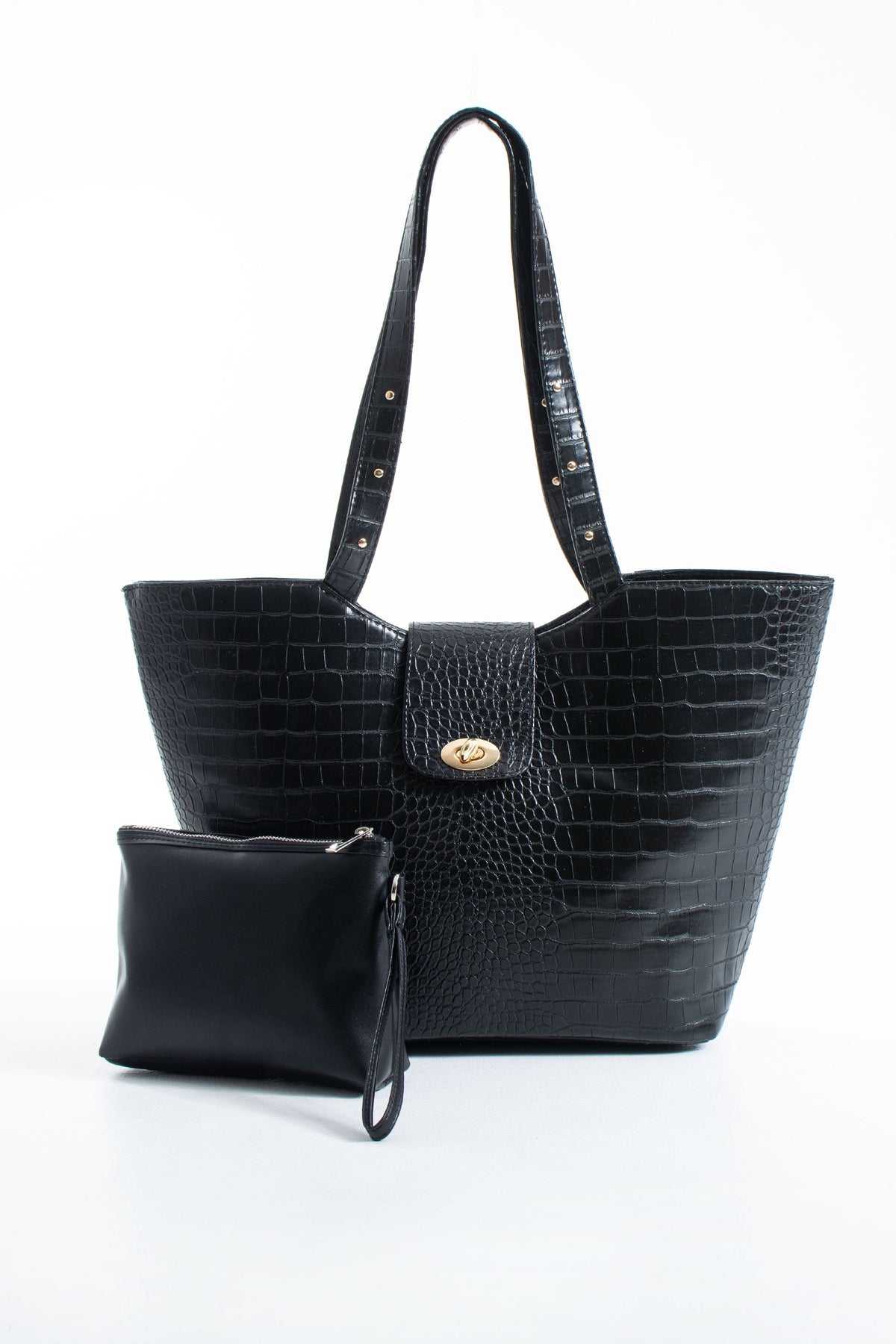 Texured Pu Leather Tote Bag with Matching Zipper Pouch 2PCS Set - Black