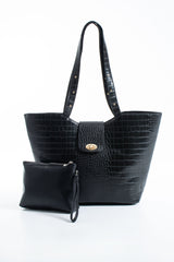 Texured Pu Leather Tote Bag with Matching Zipper Pouch 2PCS Set - Black