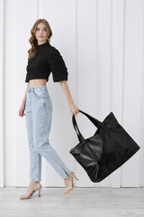 Metallic Finish Pu Leather Weekend Bag - Black
