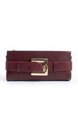PU Leather Shoulder & Clutch Bag with Large Gold Buckle - Burgundy